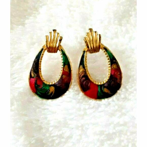 💫 Vintage Teardrop Swirl Earrings 💜 Gold Tone Multicolor Retro Hoop - Picture 6 of 12